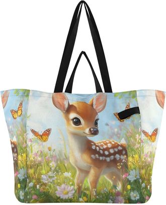 Generic Deer Butterfly Flowers Yellow pattern Reusable Canvas Tote Bag, Heavy Duty Grocery Shopping Bag with Double Handles Large Capacity Hard Bottom Work Gr