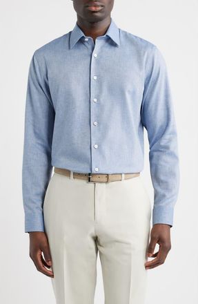 Nordstrom Trim Fit Premium Silk Herringbone Dress Shirt in Blue Chambray Herringbone at Nordstrom, Size 14.5 - 32