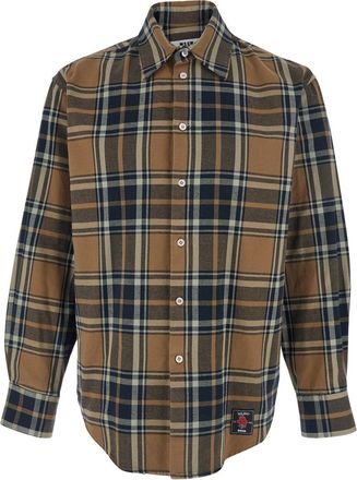 Msgm Brown Shirt With Logo Patch On The Front And All-over Check Motif In Cotton Man