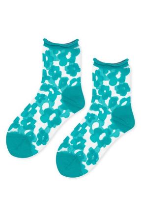 Hansel From Basel Poppy Flower Sheer Crew Socks in Sea Green at Nordstrom