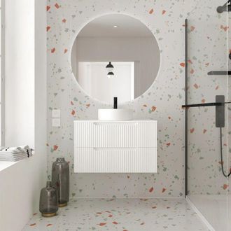 Aurlane Aurlane - Mueble de Baño 80cm Blanco Nieve - Cajones Ondulados - Lavabo Redondo Ø36cm