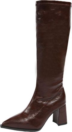 Generic Brown Womens Pointed Toe Design High Knight Boots Side Zipper Design Chunky Heel Fashion Casual Fall Winter Comfortable Walking Shoes Pu Material
