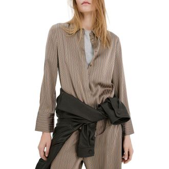 Mango Stripe Satin Button-Up Shirt in Medium Brown at Nordstrom, Size 8