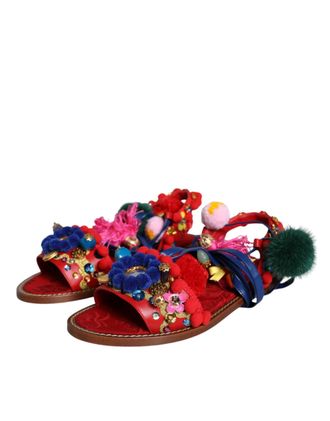 Dolce & Gabbana Womens Multicolor Pom Fur Wrap Sandals Shoes