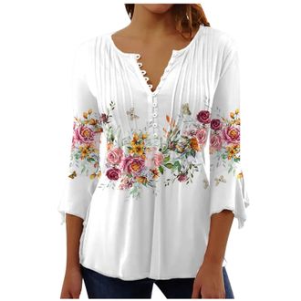 Generic Women Summer Fashion Sexy Button Up Shirt Three Quarter V Neck Casual Fit Tunic Top Maternity Autumn, White, Large