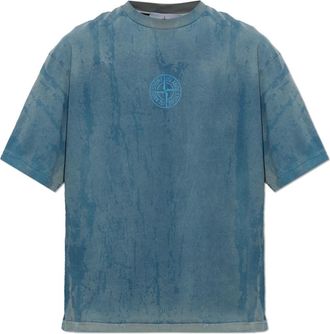 Stone Island T-shirt met opgedrukte logo - Heren - Tops - Blauw - Maat: S Katoen