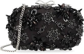 Self Portrait Womens Clutch Bag Floral Crystal Black Polyester Elastane