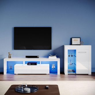 Elegant Lighting Elegant - Living Room Set Modern High Gloss Fronts with led Light, 1600mm tv Stand, Display Cabinet with Glass Shelf Sideboard Cupboard, White