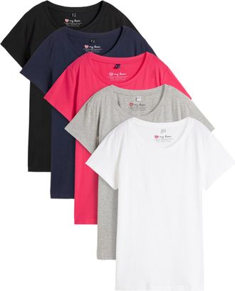 Bonprix T-Shirt BONPRIX Rundhals-Shirt, Kurzarm (5er Pack), Damen, Gr. 52/54 (XXL), hibiskuspink, hellgrau meliert, wei&szlig;, dunkelblau, schwarz, Jersey, Obermat