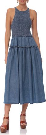 Avec Les Filles Smocked Bodice Chambray Midi Dress in Light Wash at Nordstrom Rack, Size 14
