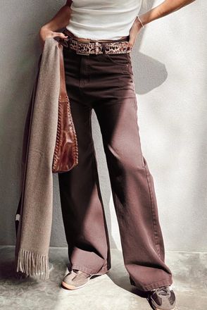 Azura Exchange Womens Wide Leg Denim Jeans - Dark Brown Cotton - Size 14 UK