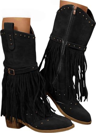 Generic Womens Fringe Cowboy Boots Autumn Winter Flat Suede Mid Calf Boots Chunky Heel Fringe Cowgirl Booties Casual Western Stylish Plus Size Warm Inside Boo
