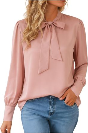 Generic Womens Silk Blouse Long Sleeve Bow Tie Neck Satin Button Down Top Casual Work Office Ladies Blouse Shirts Elegant Solid Color for Daily Wear Pink