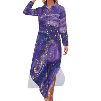 Generic Purple Glitter Pattern Womens Casual Long Sleeve Shirt Dress Button Down Maxi Sundress Swallowtail Hem Dresses 6XL