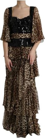 Dolce & Gabbana Luipaard Paillet Maxi Jurk - Dames - Maxi kleedjes - Veelkleurig - L - Nylon - Kleedjes