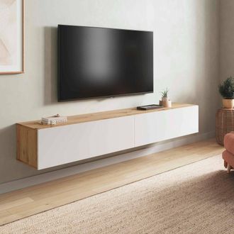 Dmora Mueble Tv Vincennes, Mueble Tv Con 2 Puertas, Mueble De Sal&oacute;n Suspendido, 180x35h28 Cm, Node Roble Y Blanco Brillo, Con Embalaje Reforzado - Dmora
