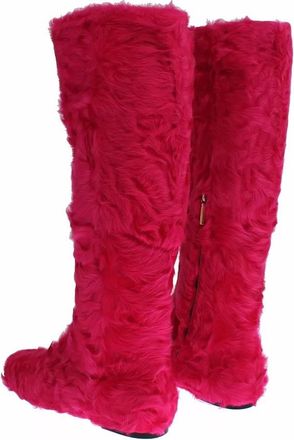Dolce & Gabbana Pink Lamb Fur Leather Flat Boots Womens Shoes