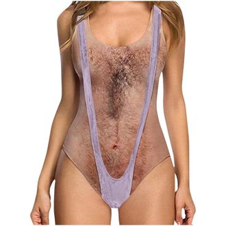 Generic Women Funny Swimsuit Hairy Body Chest Printed Hippie Bathing Suit One Piece Swimwear Monokini