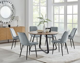 Furniturebox Santorini Brown Round Dining Table & 6 Pesaro Black Leg Chairs in Grey