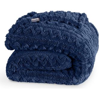 Bare Home Cable Faux Shearling Blanket in Dark Blue at Nordstrom, Size Full