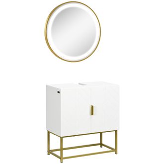 Kleankin Conjunto De Ba&ntilde;o Juego De Mueble Para Debajo Del Lavabo Con Patas De Acero Y Espejo De Ba&ntilde;o Con Luz Interruptor T&aacute;ctil 60x30x65 Cm &Oslash;60x4 Cm - Kleankin