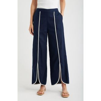 Nic+Zoe Piped High Waist Split Hem Cotton & Linen Pants in Dark Indigo at Nordstrom, Size 14