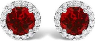 House of Brilliance 10K Gold Gemstone and 1/6 Cttw Diamond Halo Stud Earring in White | Red Garnet at Nordstrom