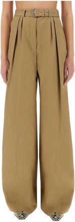 Dries Van Noten Belted Wool Broeken - Dames - Wijde Broeken - Beige - M - Wol - Broeken