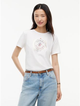 Tommy Hilfiger Womens Foiled Laurel Leaf Logo T-Shirt - Ecru - XXL