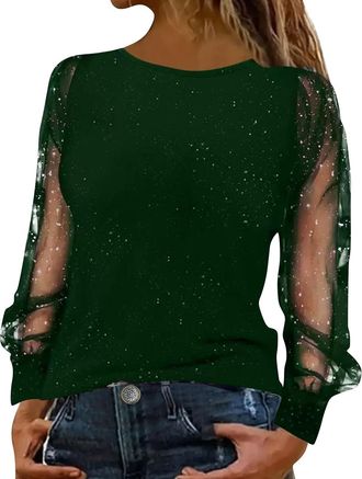 Generic Womens Glitter Blouse Tops With Sheer Mesh Long Sleeves Fully Body Sequined Round Neck Lined Sequin Blouses T-Shirt Spring Pullover Casual Nights Out 