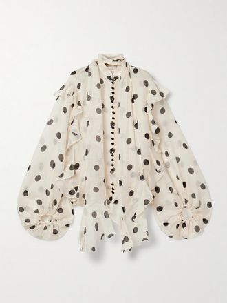 Zimmermann Blusa In Organza Di Misto Lino E Seta A Pois Con Ruches Crush - Crema