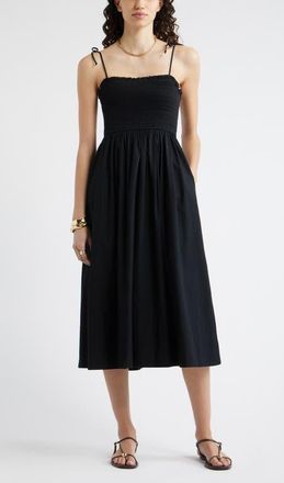 Nordstrom Smocked Stretch Cotton Midi Sundress in Black at Nordstrom, Size Xx-Small