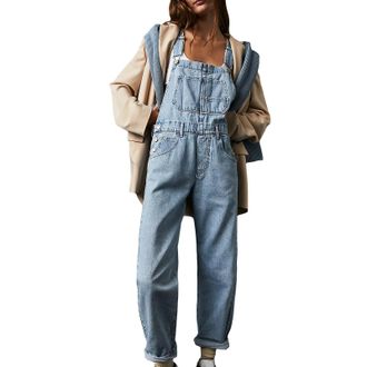 Generic Womens Casual Denim Jean Overalls Loose Adjustable Straps Baggy Dungarees Bib Romper Jumpsuit Harem Pants Ladies Casual Fit Rompers Pants with Pocket