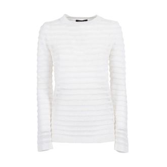 Fabiana Filippi Round-neck Knitwear, female, White, Size: XS Maglia Scollo Barca in Paillettes, Righe Filato Organzato