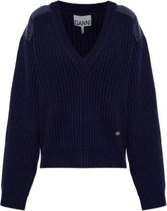 Ganni Wol&shy;len V-hals Trui - Dames - V-hals truien - Blauw - S - Wol - Truien & Vesten