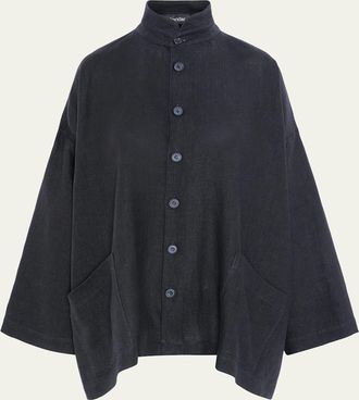 Eskandar Heavyweight Linen Angle-To-Front Double Stand Collar Jacket - Long Length