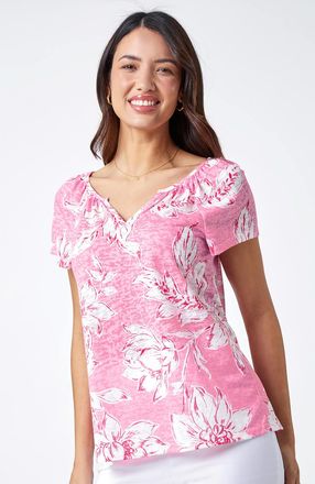 Roman Floral Print Burnout V-Neck Top
