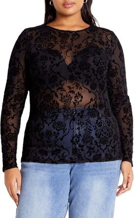 City Chic Sienna Velvet Floral Mesh Long Sleeve Top in Black at Nordstrom, Size 14W