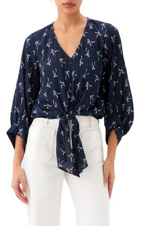 Karen Kane Bow Print Tie Front Crepe Top at Nordstrom, Size X-Small