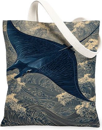Generic Ocean Blue Canvas Tote Bags, Marine Animal Pattern Reusable Grocery Bags, Summer Lightweight Washable Shoulder Strap Canvas, Blue, 13x15 Inch