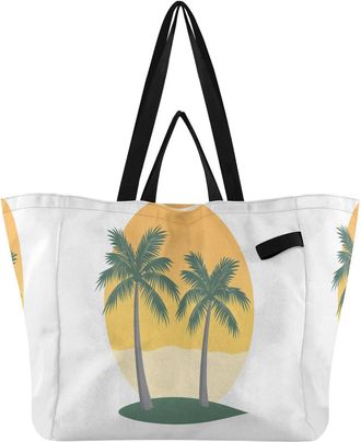Generic Coconut Palms Yellow print Reusable Canvas Tote Bag, Heavy Duty Grocery Shopping Bag with Hard Bottom Large Capacity Double Handles Work Groceries Tra