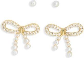 Nordstrom Rack Set of 2 Faux Pearl & Cubic Zirconia Bow Stud Earrings in Clear- White- Gold at Nordstrom Rack