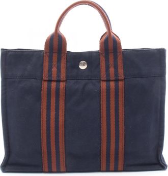 Herm&egrave;s Brown Navy Canvas Tote Bag (Pre-Owned)