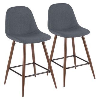 pebble Mid-Century Modern Counter Stool in Walnut and Blue - Set of 2