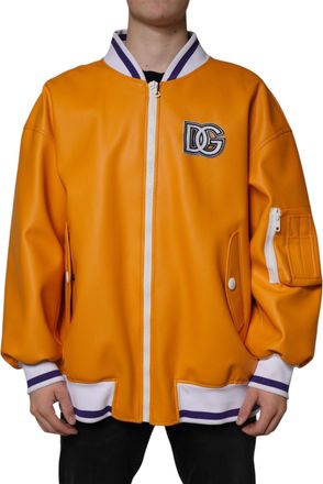 Dolce & Gabbana Mens Leather Bomber Jacket Dg Varsity - Orange - Size EU 52 (Mens)