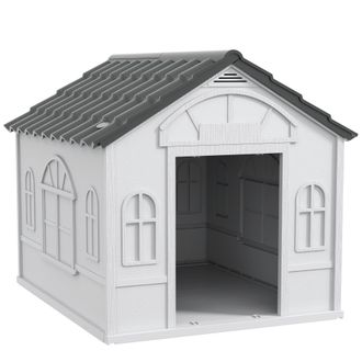 OEM Casa Para Perros 84,2x98,2x82 Cm Con Patr&oacute;n De Ventana Y Techo De Tejas De Imitaci&oacute;n Para Perros Grandes Gris Y Blanco