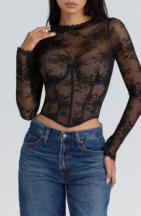 House of CB Zoe Long Sleeve Lace Crop Corset Top in Black at Nordstrom, Size X-Small A