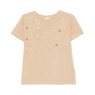 Liu Jo T-Shirts, female, Beige, Size: XS Sequin Embellished Round-Neck Short Sleeve T-shirt