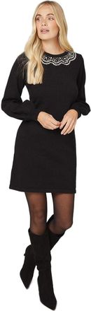 Wallis Petite Black Embellished Knitted Shift Dress, L, Black