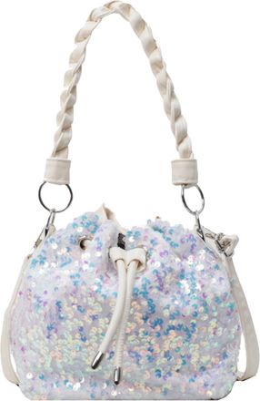 Generic Cymwer Women Sequin Sling Bag Drawstring Bucket Shoulder Bag Sparkling Purse (Beige)